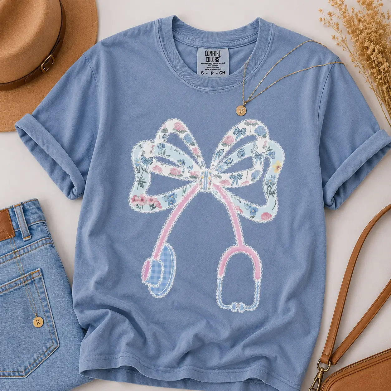 Comfort Colors Preppy Floral Stethoscope Nurse Shirt, Cna RN Nurse Tee, Nurse Blue Floral, Nursing Student Womenswear Comfy - TrendWear USA