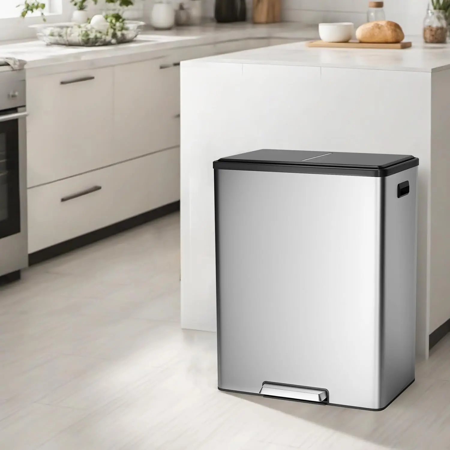 16-Gal Stainless Steel Dual Bin Step Trash Can, Pedal-Open Design, Soft-Closing Lid, 2 Removable Waste Baskets for Sorting, Cabinet-Friendly Large Double Bin for Kitchen, Bathroom, Eco-Friendly, Foot Pedal
