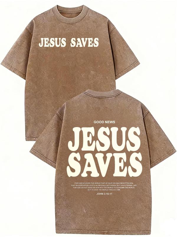 Women's Short-Sleeve Christian Clothing Tops, Unisex Acid-Washed Casual T-Shirt with Digital Jesus Saves Print, Streetwear Fabric, Shortsleeve, Digital Print