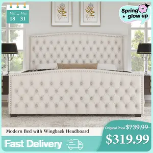 VanAcc Luxury Bed Frame, Velvet Upholstered Bed with Deep Button Tufted Design& Nailhead Trim Wingback Headboard, Unique Bedroom Furniture, No Box Spring Needed/Durability/KING/QUEEN