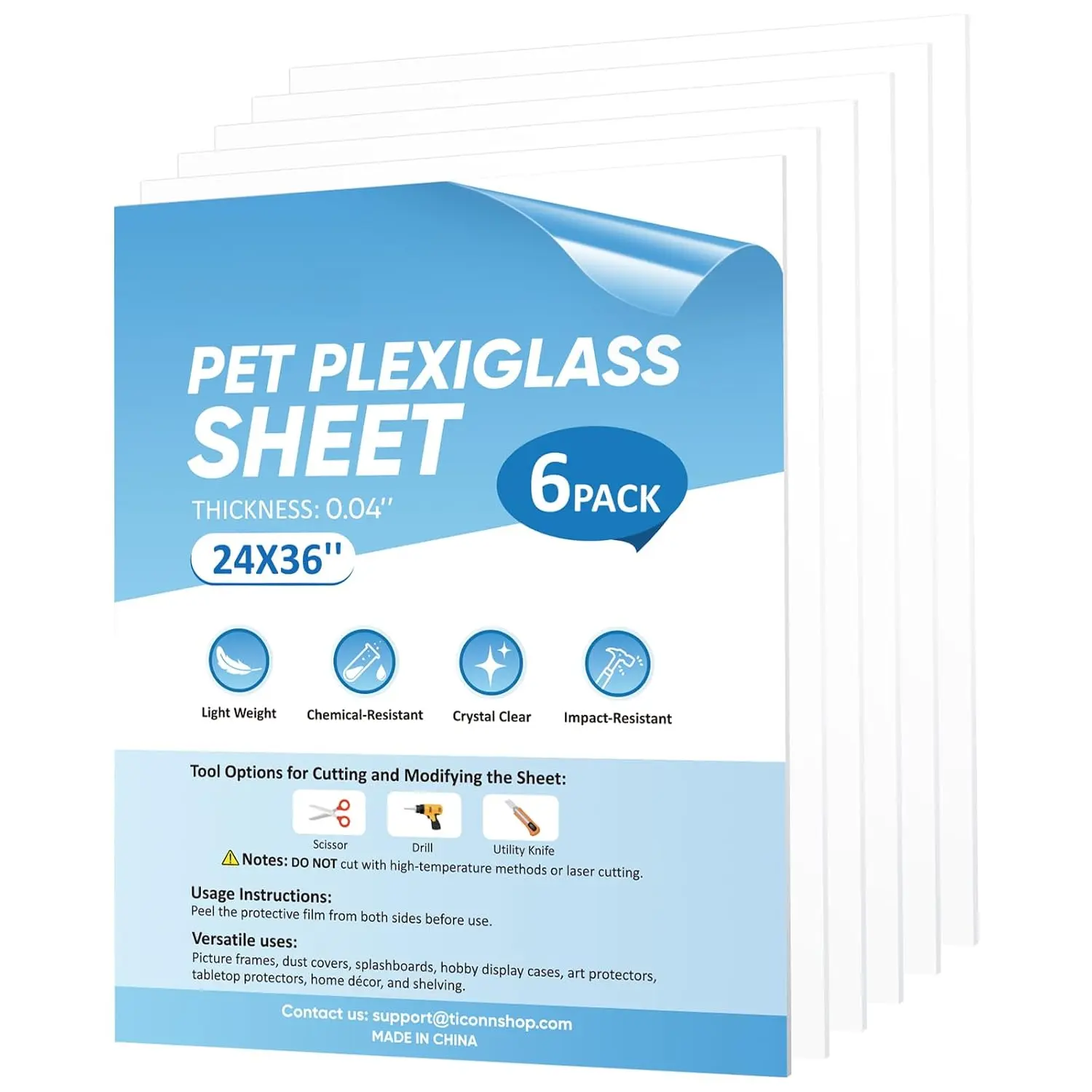 PET Plexiglass Sheets, 6 Pack Clear Plastic Sheet, Easy to Cut Thin Flexible PET Plastic Sheeting Panels for DIY Art Projects, Crafts, Picture Frames, Signs (6 Pack, 24"x36")