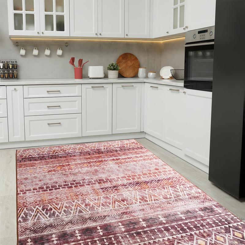 8x10 Washable Bohemian Print Area Rug with Geometric Pattern,Non-Slip Backing Indoor Modern Floor Mat,Low Pile Rug for Living Room,Bedroom,Dining Room,Dorm Home Decor, Red, Light Grey, Green,4x6,5x7,6x9,8x10 Feet