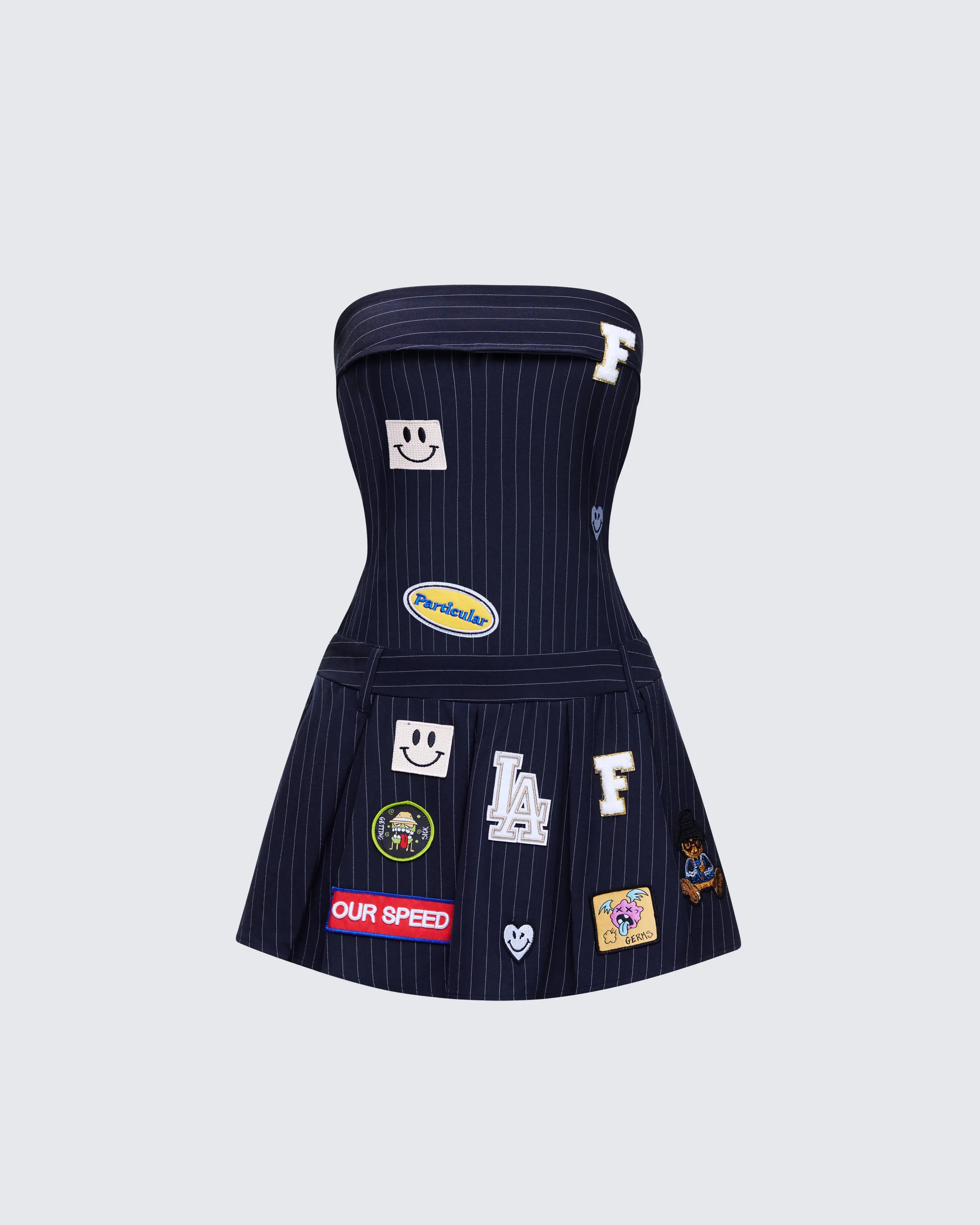 Women's Teagan Navy Vintage Pinstripe Casual Dress - Suited Fabric, Cute Patches, Off-Duty Model Outfit, 2000s Aesthetic Brunch Wear