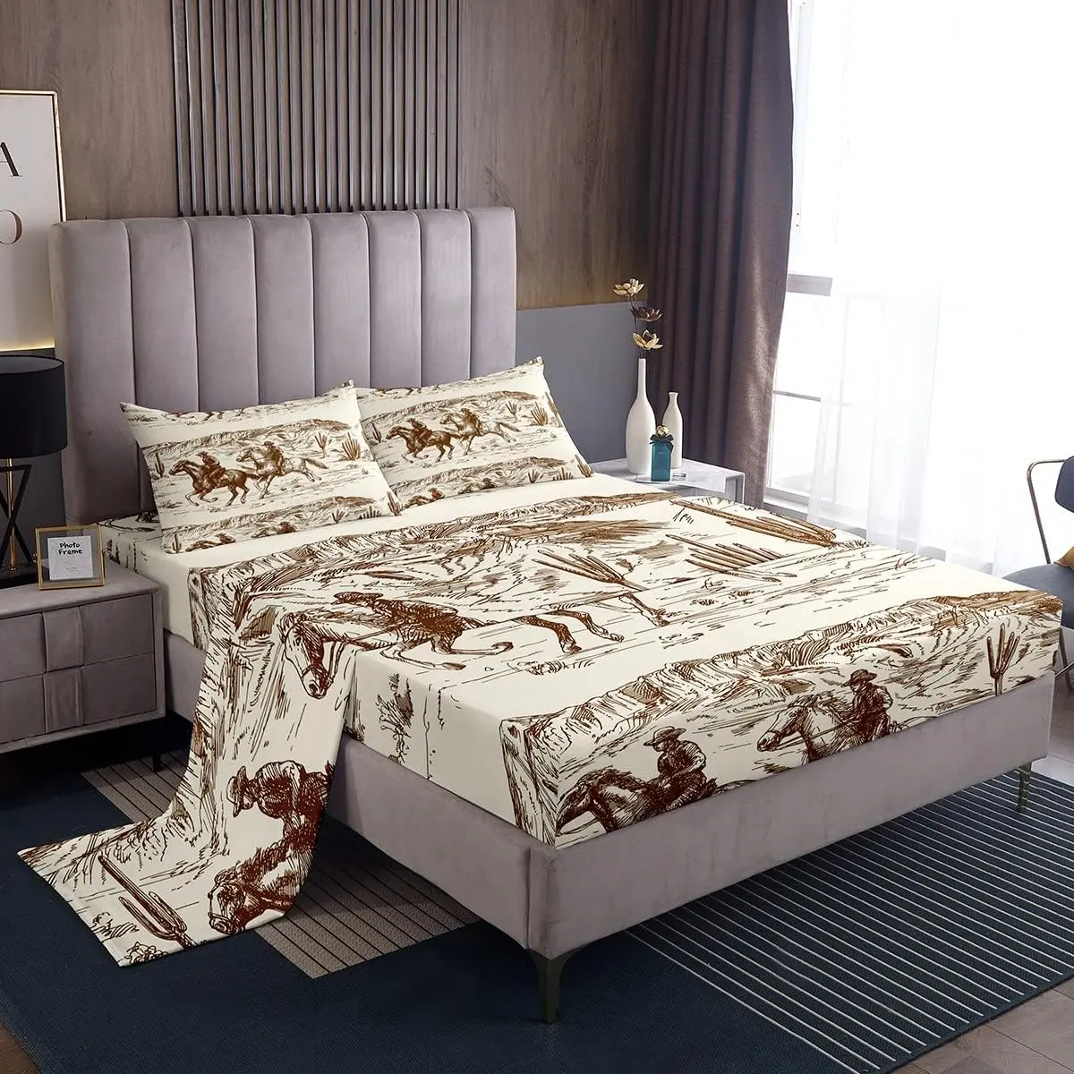 Feelyou Western Cowboy Microfiber Luxury Bed Set - Hand-Drawn American Wild West Desert Decorative Bedsheet Sets with Deep-Pocket Fitted Sheets, Hotel-Style for Home, RV Bedrooms