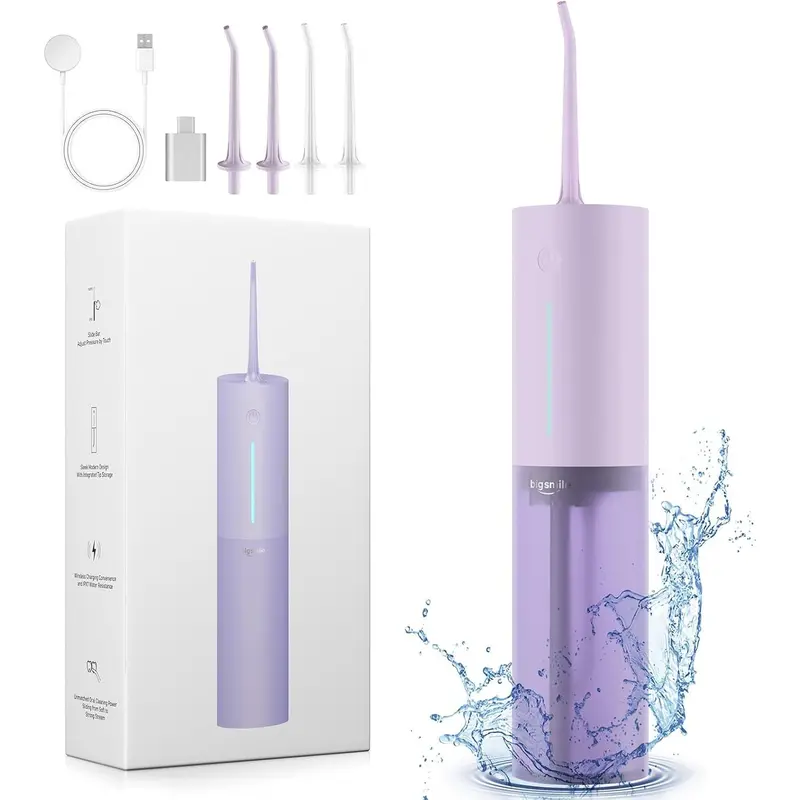 Travel Cordless Water Flosser, IPX7 Waterproof Electric Oral Irrigator with 3 Modes and 4 Replaceable Jet Tips, Rechargeable and Portable for Easy Cleaning (Purple)