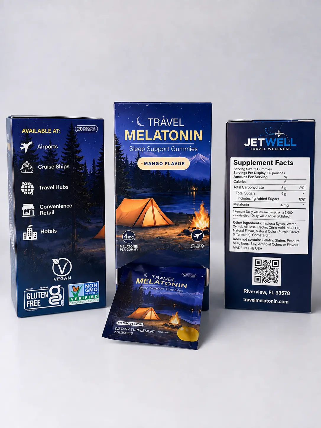 Travel Melatonin Gummies 2mg – 20 Single-Serve Pouches, Vegan, Non-GMO
