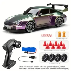 1:24 Scale RC Drift Car 4WD High speed model vehicle 20km/h LED Lights Remote Control Racing Toy Gift for Kids Adults Boys Girls Age 6+ with Obstacle Pillars Roadblock Ice Cream Cones and Racing Tires Perfect Gift for Halloween Easter Christmas