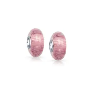 Sterling Silver Solid Pink Mauve Striped Murano Glass Spacer Charm Bead for Bracelet (Set of 2)