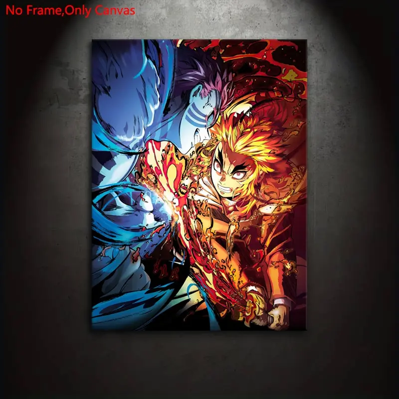 1 Piece/Set Frameless Canvas Painting Print Poster, Classic Ukiyo-e Action Battle Anime Pop Art, Anime Design, Rengoku Kyoujurou vs Akaza, Gift for Japanese manga Lovers, Home & Wall Decor, Indoor Decoration