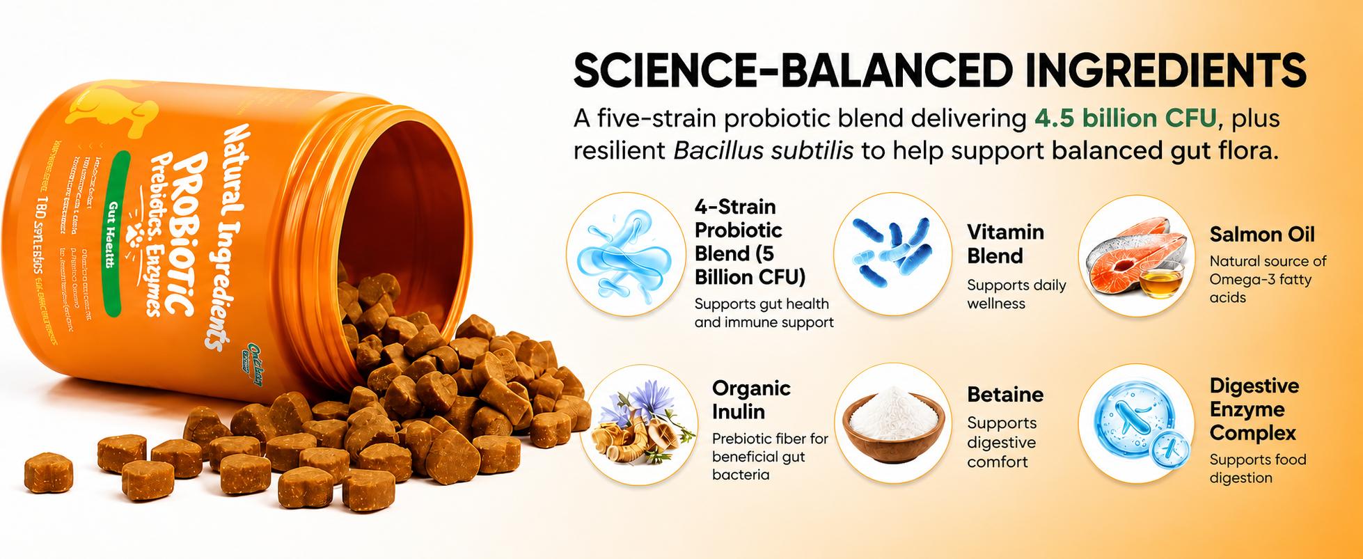 180ct Probiotics & Prebiotics for Dogs and Cats, 4-Strain Gut Health Soft Chews with a Triple Prebiotic Blend of FOS, GOS and Organic Inulin, Chicken Flavor