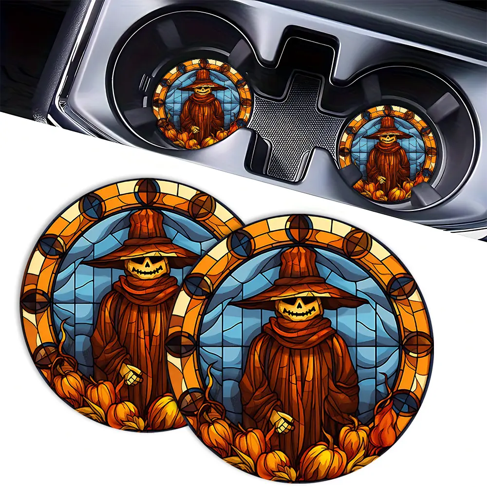 2pc Stained Glass Halloween Car Cup Holder Coasters - Vintage Pumpkin Scarecrow Design, Absorbent Rubber, Anti-Slip Grip Auto Cup Mats, Trendy Goth Car Decor Gift for Sports & Outdoor Camping Enthusiasts