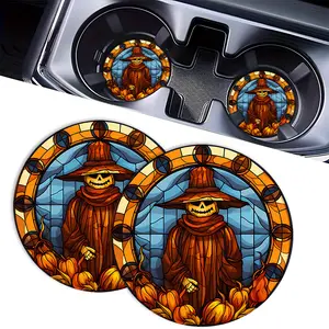 2pc Stained Glass Halloween Car Cup Holder Coasters, Vintage Pumpkin Scarecrow Car Coasters, Absorbent Rubber Anti-Slip Auto Cup Mat, Trendy Goth Car Decor Gift