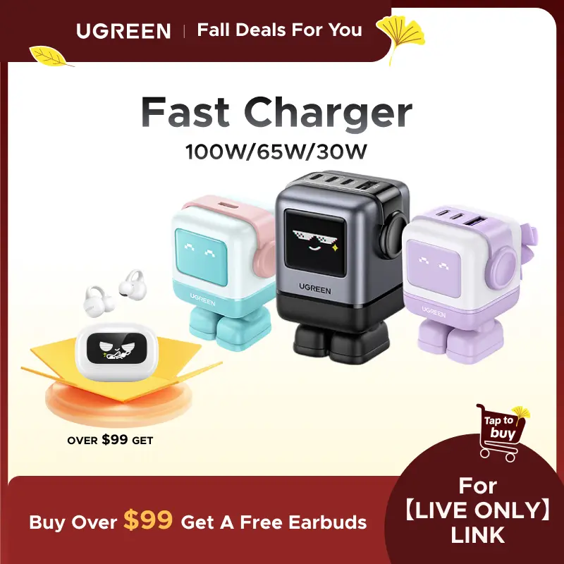 UGREEN Uno GaN Robot Phone Charger (US Plug, 100W/65W/30W USB-C, 3/4-Port, USB-A) with PPS PD3.0, 2-Year Intl. Warranty - Black Friday Pick for Smartphone, Cellphone, iPhone 17/16/15/14 Pro Max, Galaxy S24/S23 Ultra, Macbook Air,techvibes