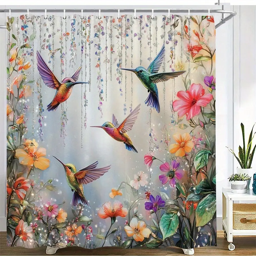 1pc Garden Glam Hummingbird & Flower Shower Curtain - Waterproof Soft Durable Polyester, Vibrant Pink Orange Purple Iridescent Design, Machine Washable Straight Bathroom Accessory for Nature Lovers