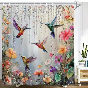 1pc Whimsical Hummingbird & Flower Shower Curtain - Vibrant Pink, Orange, Purple Iridescent Design, Durable Polyester Fabric, Machine Washable Straight Bathroom Accessory for Home Decor, Garden-Inspired Nature Lovers