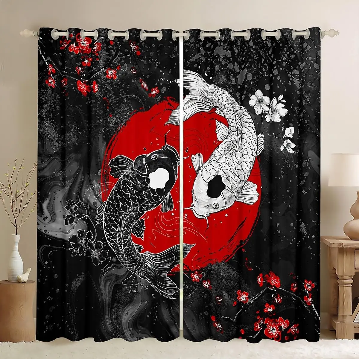Japanese Koi Fish Curtains, (2 Panels,52 x 84 Inch) Cherry Blossoms 30%-50% Blackout Curtains,Red Sun Japanese Wave Darkening Drapes,Window Treatments