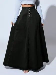 Women's Denim Long Dress High Waist Single Button Vintage Slim Fit Fashion Versatile Half Skirt Bottom Womenswear for All Seasons