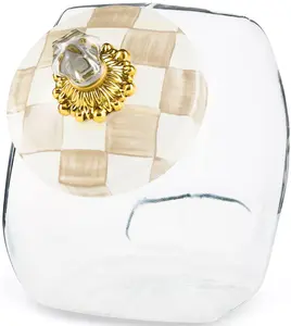 MacKenzie-Chills Mocha Check Glass Cookie Jar, Clear Storage Canister with Decorative Lid, Kitchen Counter Treat Container