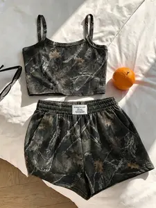 2 pieces, Y2K American women's tree patterned camouflage camisole shorts set, sweet, cool, spicy and casual girl style, camouflage texture print, suitable for summer home and outdoor wear