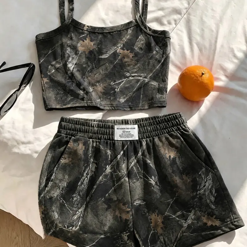 2 pieces, Y2K American women's tree patterned camouflage Sleeveless camisole shorts set, Outfits Set, sweet, cool and spicy girl style, camouflage texture print, suitable for summer home and outdoor wear