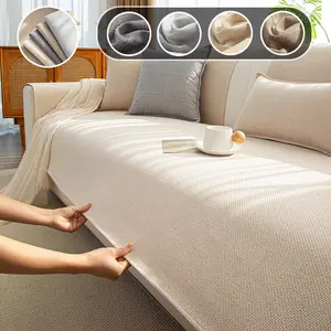 Pure Color Cotton Linen Sofa Slipcover, Anti-Slip Bottom, Waterproof, Pet Friendly, Reusable, Suitable for All Seasons