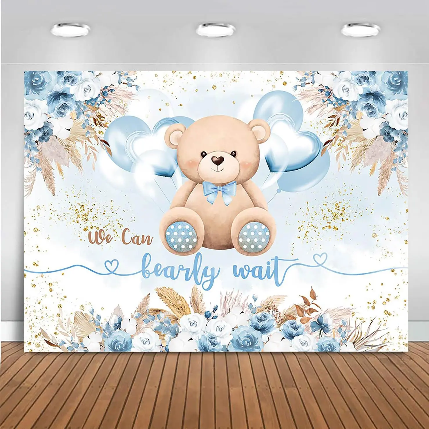 We Can Bearly Wait Shower Backdrop For Boy Boho Blue Bear Decorations Balloon Pampas Grass Banner Photo Booth Props(7x5ft  Blue)