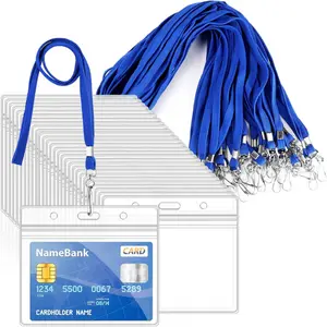 30Pcs Clear Plastic Horizontal Name Tags Badge ID Card Holders and 30Pcs Blue Flat Neck Lanyards with Swivel Hook