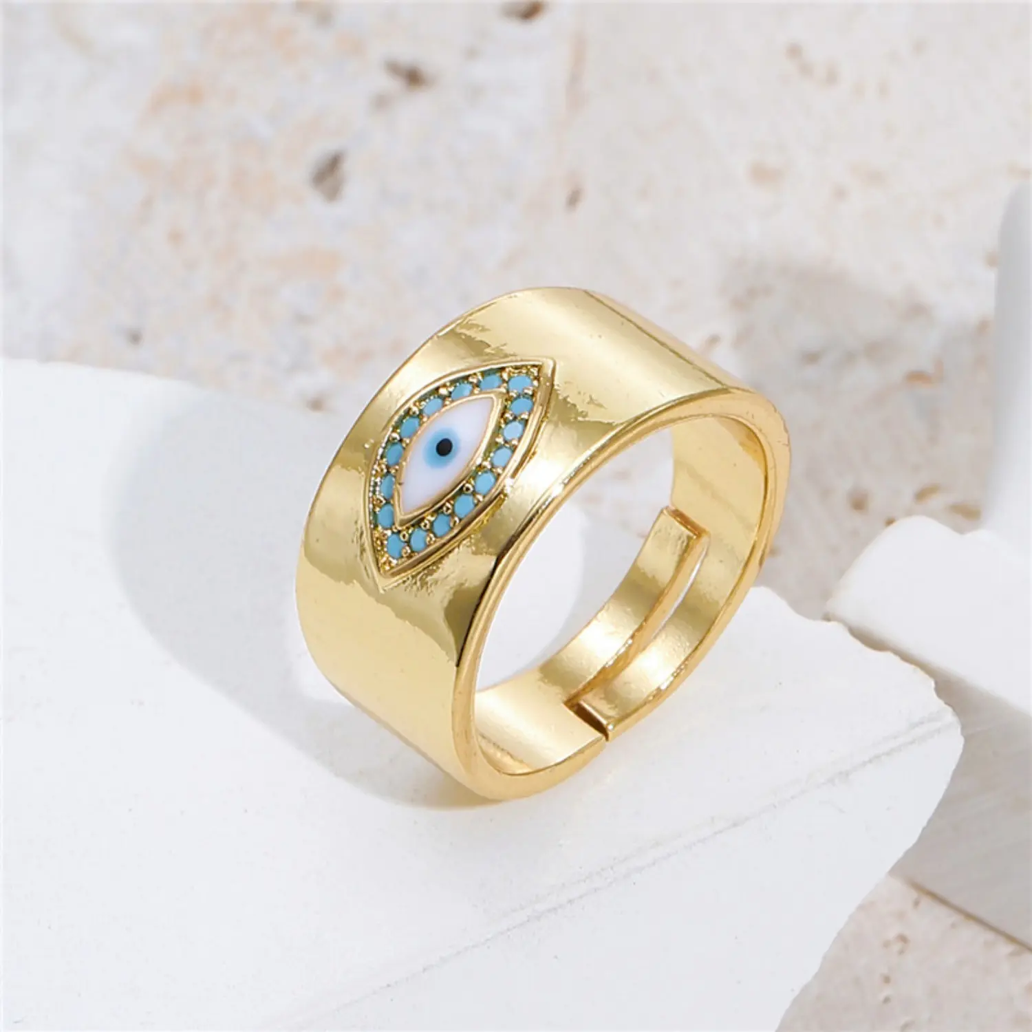 Turkish Zircon Evil Eye Rings For Women Open Adjustbale Gold Plated Stainless Steel Ring Couple Rings Wedding Jewelry Bague