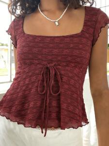 Lace Transparent Square Neck Tie Dye T-Shirt, Vintage Y2K Style, Cute Summer Crop Top for Girls, Basic Versatile Fashion