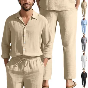 Men’s cotton-linen two-piece set: collared long-sleeve shirt + drawstring jogger pants Summer beach vacation outfit Casual fashion two-piece set #SummerVibes