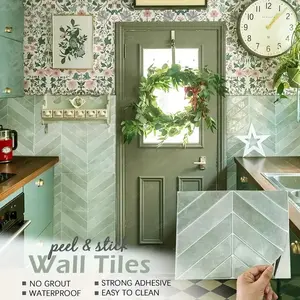 20pcs 3D Herringbone Self-Adhesive Wall Decor，Room Decor | Waterproof & Oil-Proof Peel and Stick Backsplash for Kitchen & Bathroom, Home Decoration | 11.4" x 9", Easy to Clean-Light Green