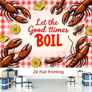 Summer Shrimp Party Background Cloth, Checkered Base, Live Shrimp & Lemon Slices, Let the Good Times Boil, BBQ Restaurant Decor
