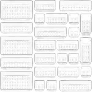 25 PCS Clear Plastic Drawer Organizers Set, 4-Size Versatile Bathroom and Vanity Drawer Organizer Trays, Storage Bins for Makeup, Bedroom, Kitchen Gadgets Utensils and Office