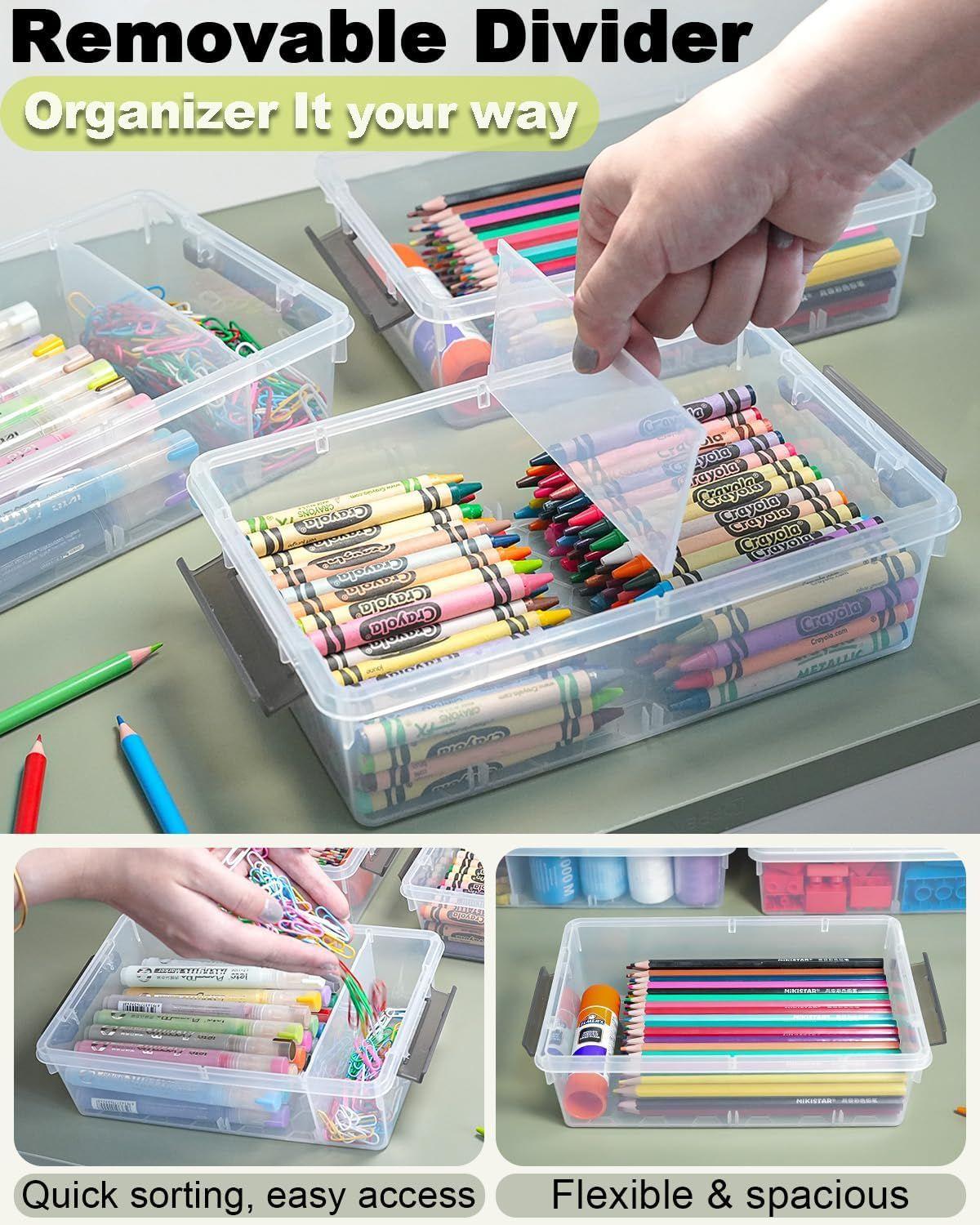 6 Pack Extra Large Pencil Box with Removable Divider, Thickened Pencil Case Bulk, Clear Crayon Marker Organizer Stackable Plastic Small Storage Containers for Pen Craft School Supplies(Grey)