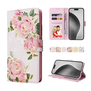 Floral Pattern Protective Phone Case with Card Slot, PU Leather Flip Stand Phone Case, Phone Accessories for iPhone 11 12 13 14 15 16 17 Plus Pro Max, Cover, Smartphone, Casing, Cellphone