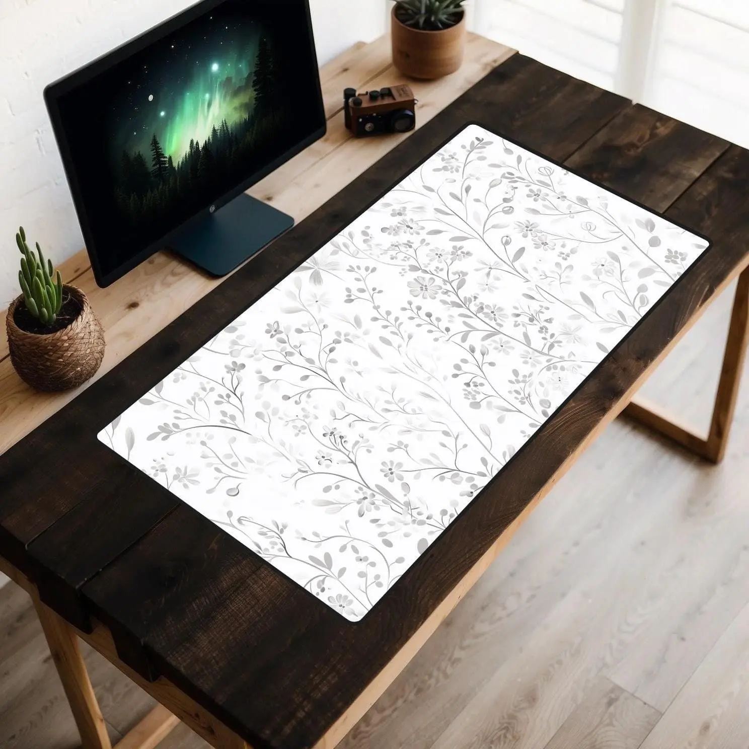 Monochrome Flowers Desk Mat, Black and Gray Floral Desk Pad, Minimalist Desk Topper, Botanical Laptop Mat, Wildflowers Mousepad, Victorian