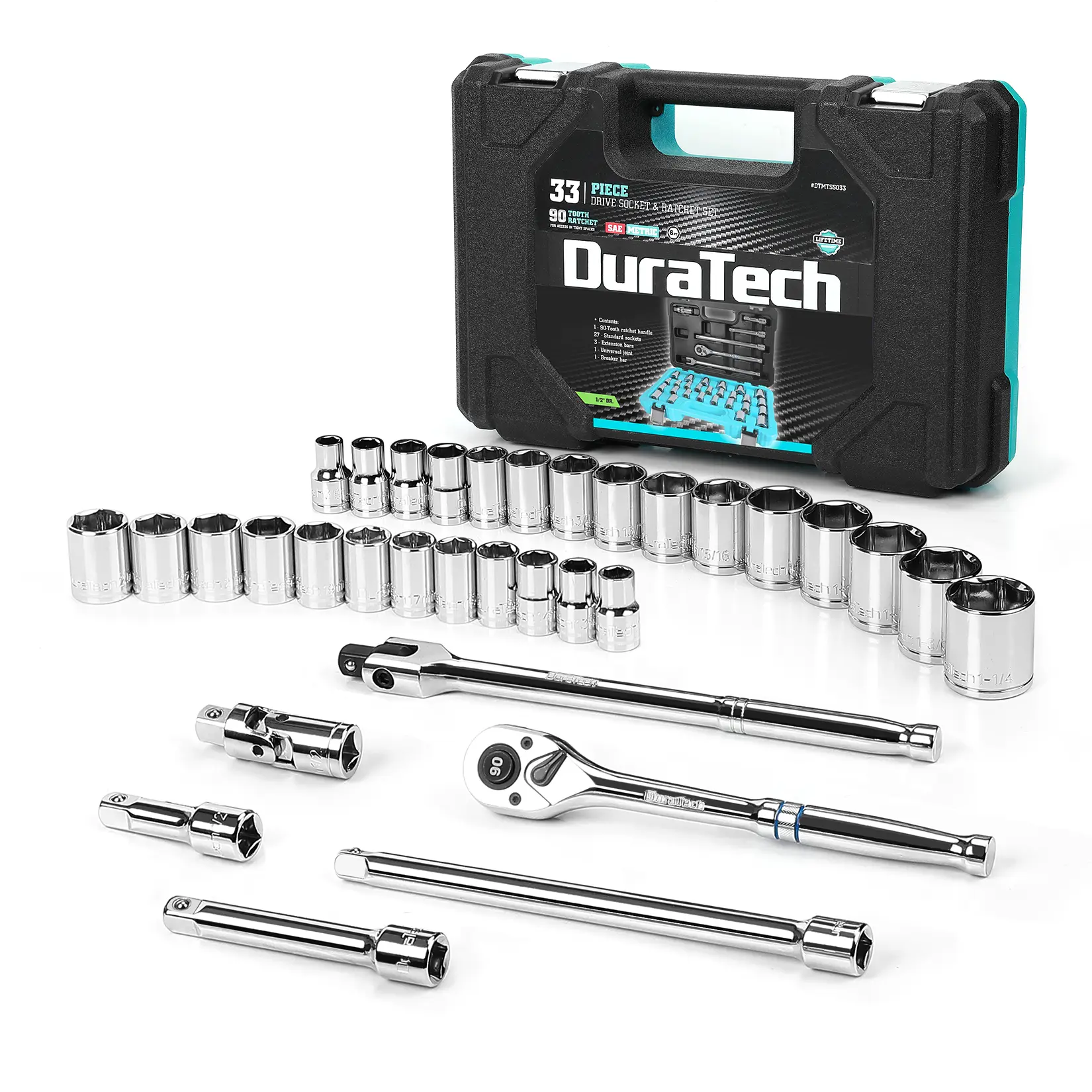 #backtoschool DURATECH 1/2" Drive Socket Set, 33-piece, Including Metric/SAE Sockets, 1/2-Inch Ratchet, Breaker Bar and Socket Adapters