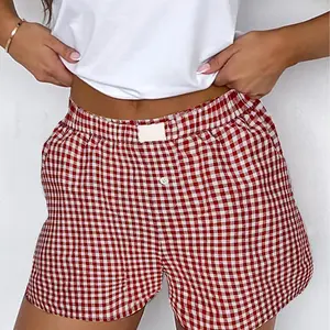 Women's Red Plaid Gingham Printed Elasticated High Waist Shorts