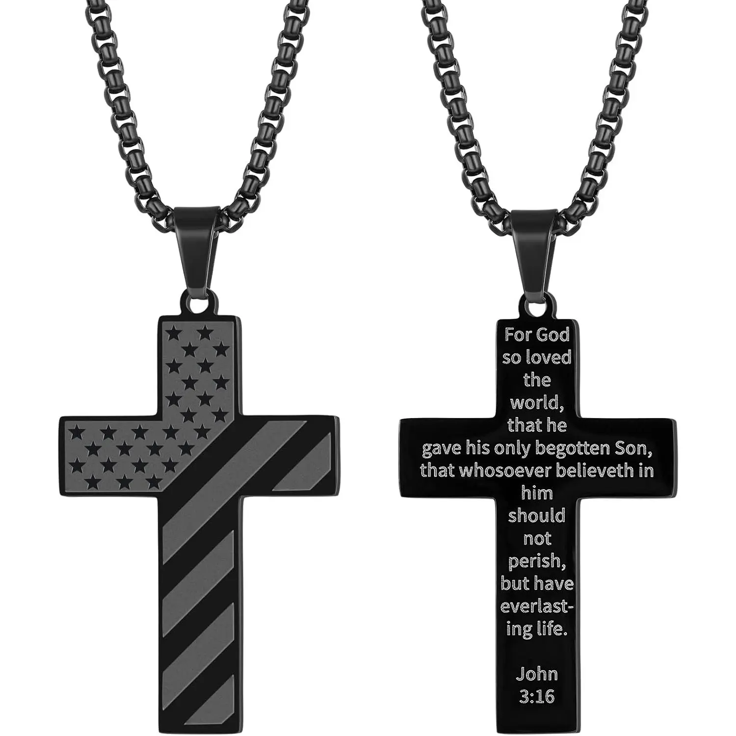 Flag/Soccer/Football Cross Necklace for Men, Black Stainless Steel Cross  Verse Pendant Chain 22+2 Inch, Communion Baptism Religious Graduation Gifts for Him