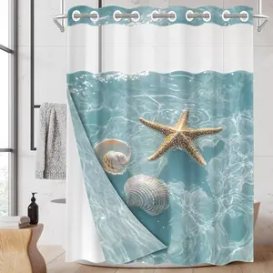 1PC 2D Flat Starfish, Seashell, and Ocean Wave Pattern Double-Layer Woven Shower Curtain (No Hooks), Transparent Top Window, Removable Liner with Clip-on Design, Home Bathroom Partition Art Decoration, Bathroom Decor, Bathroom Decoration Accessories
