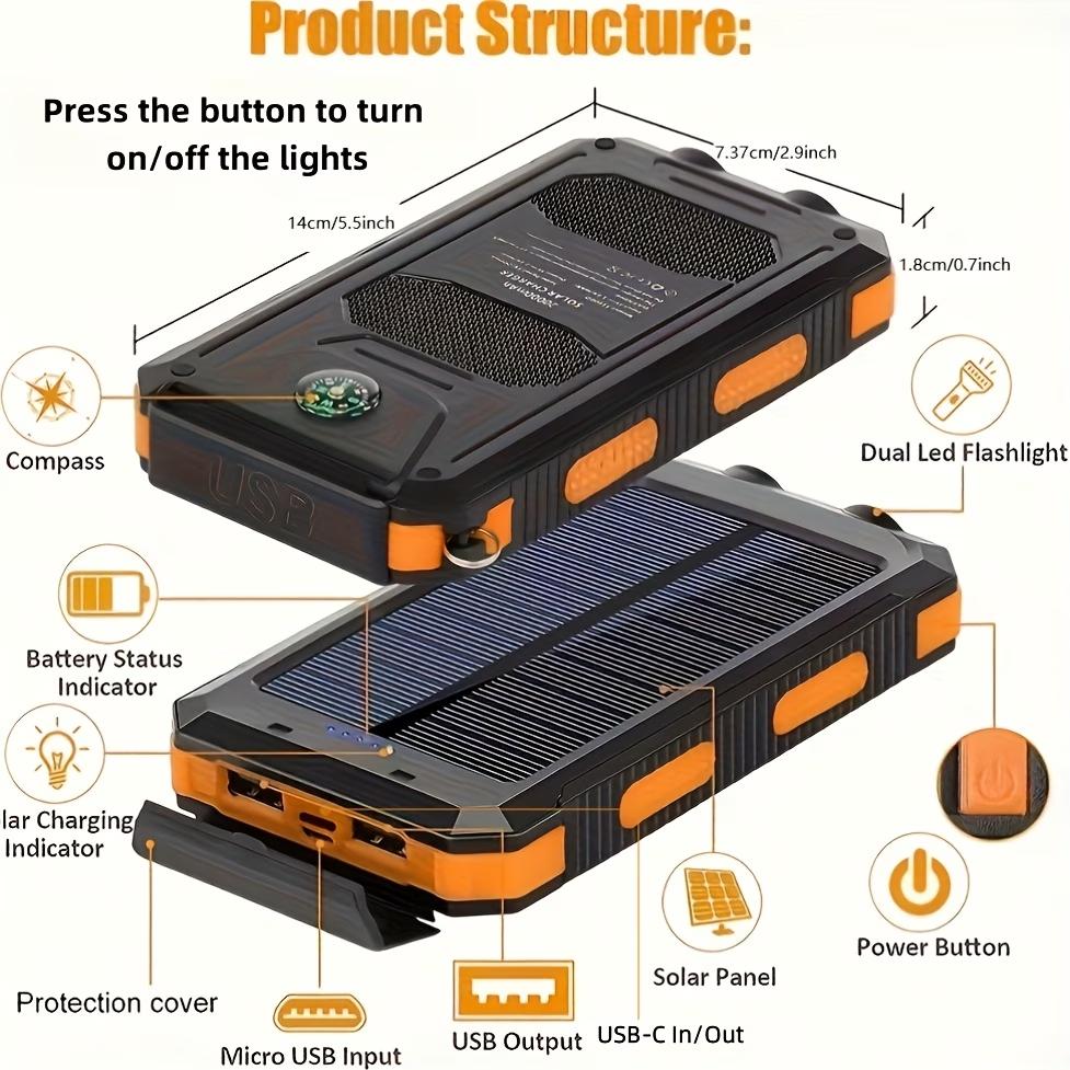 Portable Solar Phone Charger, Camping External Battery Charger for Mobile Phones, with 2 USB Ports and LED Flashlight (with Compass), Ideal for Outdoor Activities, 10000/20000 mAh Solar Power Bank