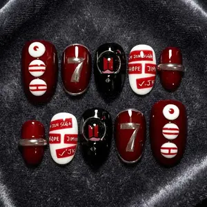 Custom Luxury BTS Army Press On False Nails - 7 Red and Black 3D Kpop Accessories for Beauty & Nail Care Decoration