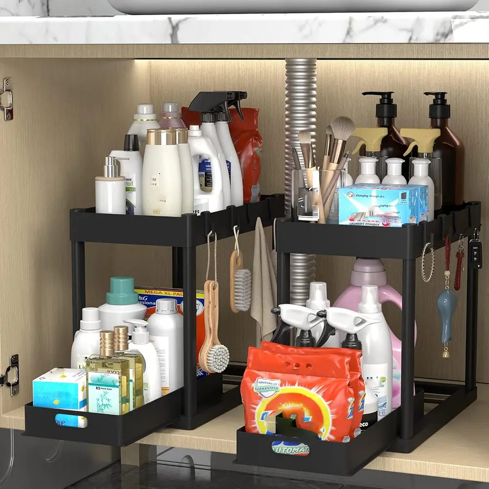 2pcs Under Sink Organizer Multi Purpose Black Plastic Storage Basket with Sliding Shelves and 8 Hooks Durable Metal Construction Bathroom Kitchen Cabinet Spice Rack Mother's day Gift