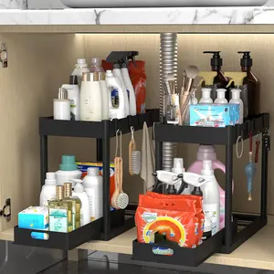 2pcs Under Sink Organizer Multi Purpose Black Plastic Storage Basket with Sliding Shelves and 8 Hooks Durable Metal Construction Bathroom Kitchen Cabinet Spice Rack Mother's day Gift