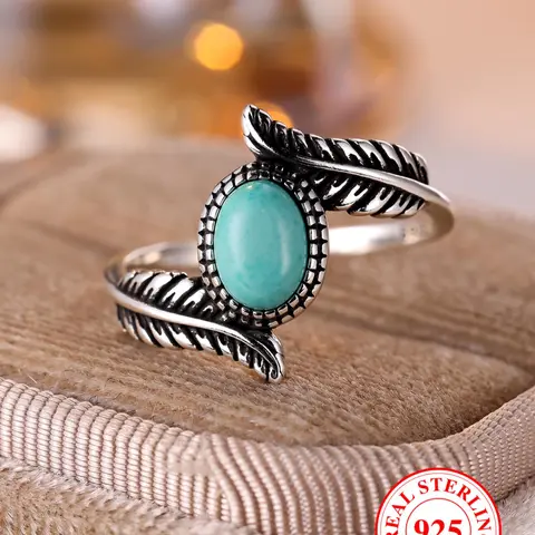 S925 Sterling Silver Vintage Feather Design Ring, Boho Style Turquoise Decoration Ring, Fashion Jewelry Accessories for Women & Girls As Gift, with Box