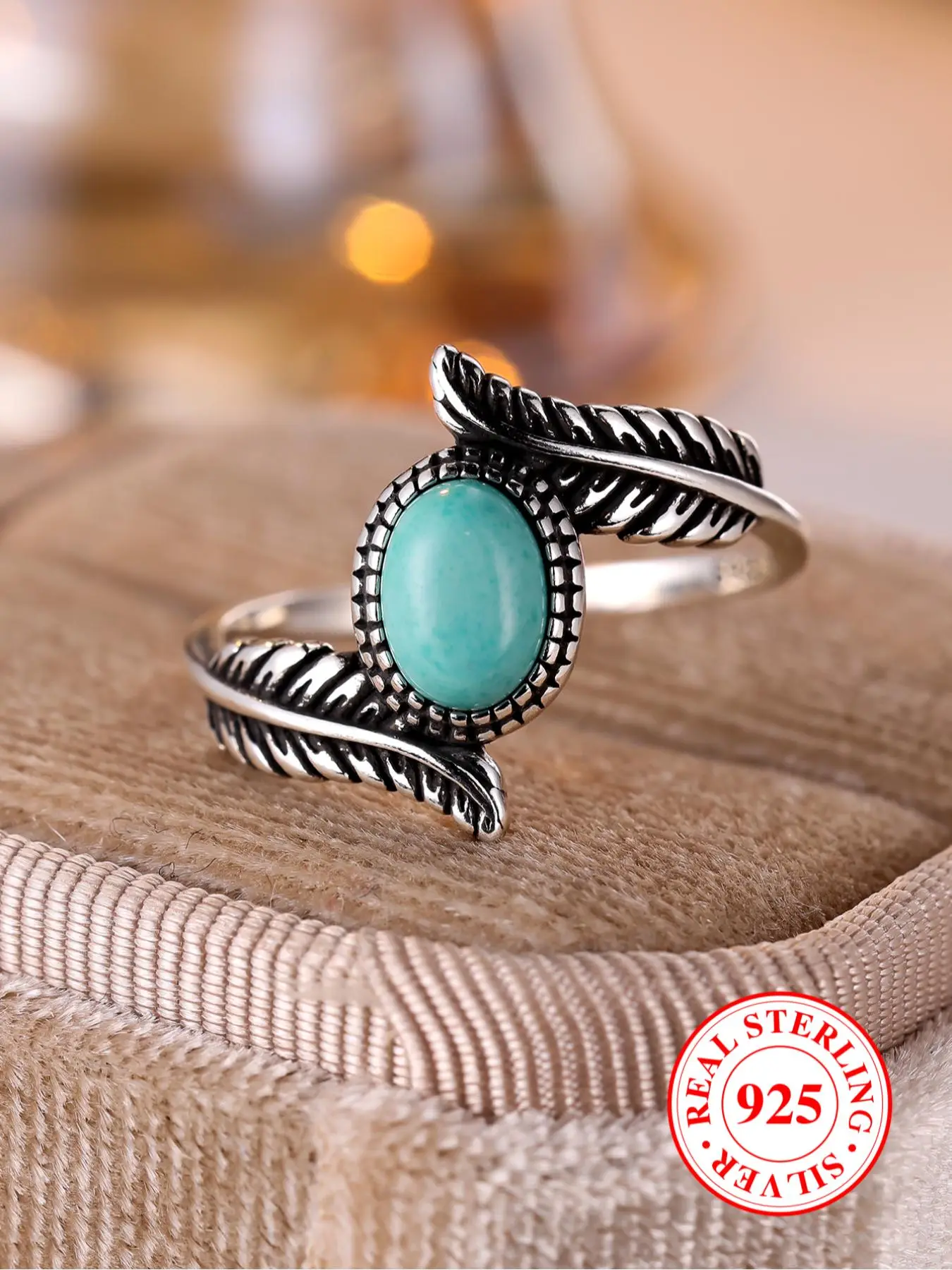 S925 Sterling Silver Vintage Feather Design Ring, Boho Style Turquoise Decor Ring, Fashion Jewelry Accessories for Women & Girls As Gift, with Box