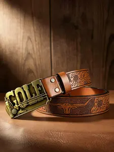 Unisex retro golf alloy plate buckle flower belt, outdoor leisure, 3.7cm/1.46in wide personalized handsome belt, daily commuting, holiday gift, Textured Belt