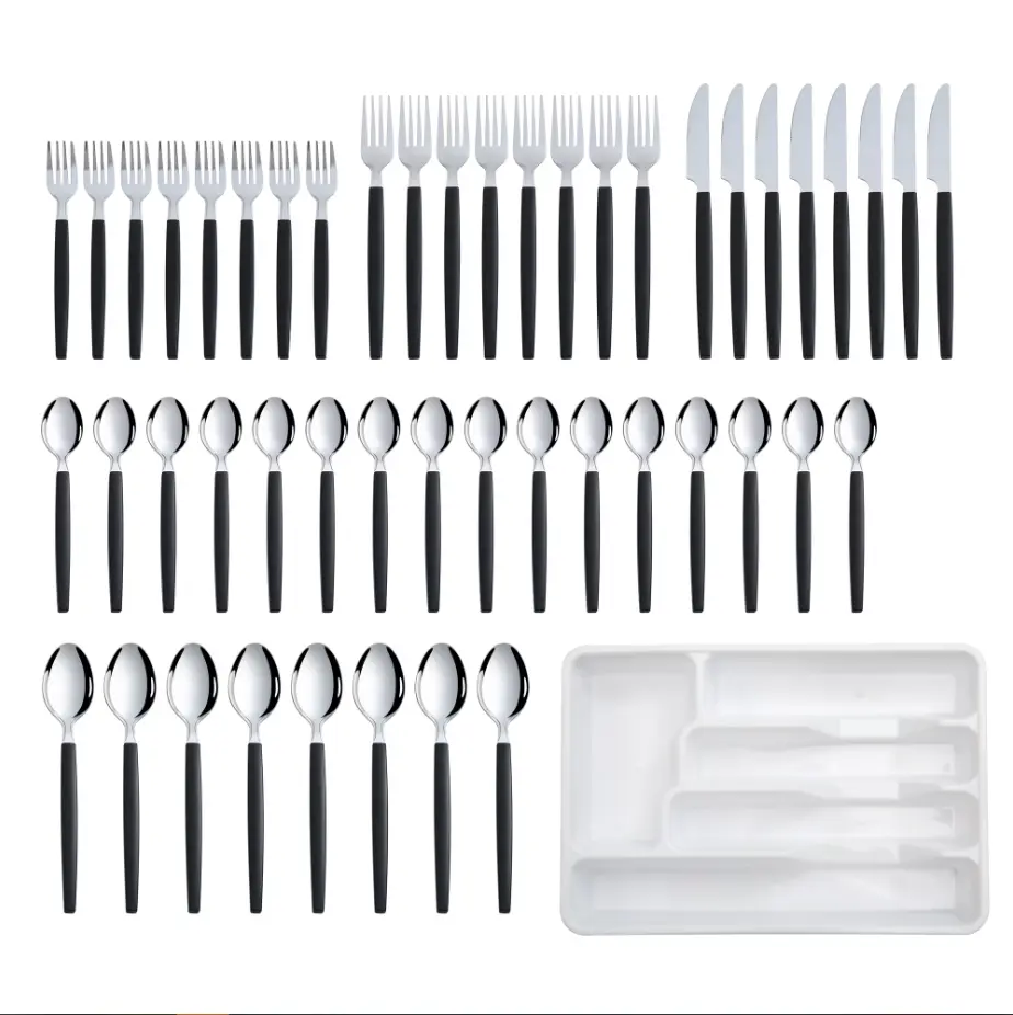 49-Piece Stainless Steel Flatware Set with Black Finish and Organizer Tray, Service for 8