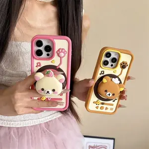 Rotating record player Rilakkuma retractable stand phone case, compatible With iPhone 12 13 14 15 16 Pro Max protective case