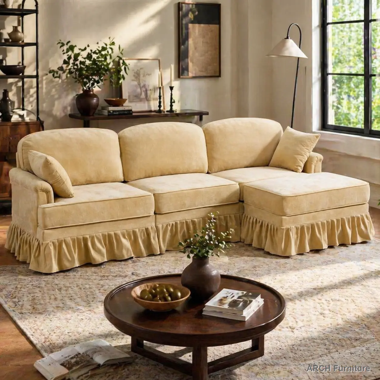 103.15" Mid-Century L-Shaped Chenille 4-Seat Sectional Sofa with Removable Ruffled Pleated Skirt, Flared Arms, Ottoman, Quick-Setup Indoor Furniture, Couches for Living Rooms, Khaki